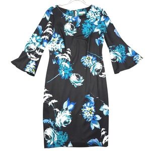 Calvin Klein Floral Bell Sleeve Sheath Dress Black Blue White Size 8